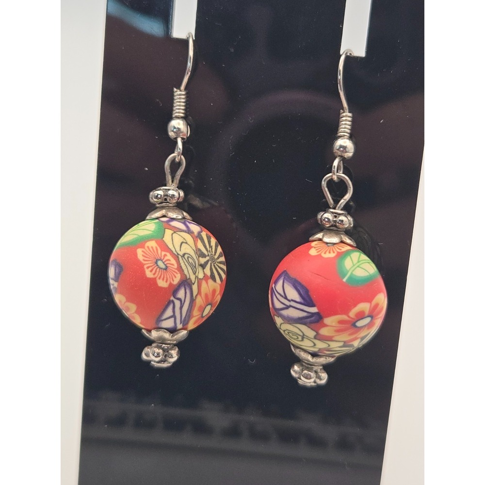 Millefiori-Style Floral Polymer Clay Bead Earrings Red Colorful Boho Artsy